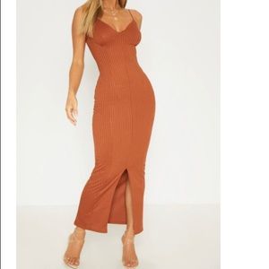 Rust Strappy Plunge Ribbed Midaxi Dress